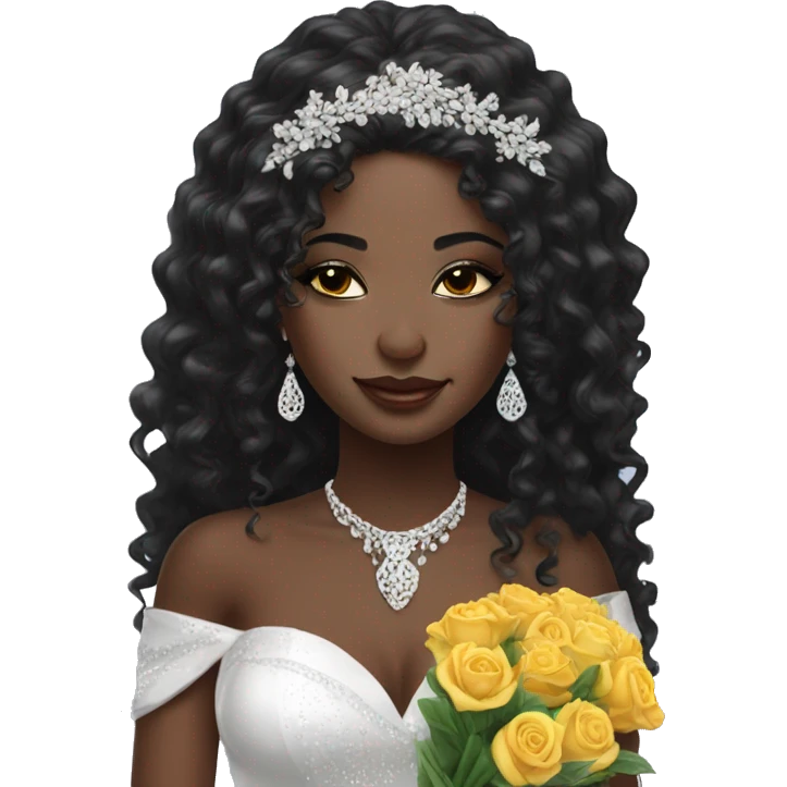 African bride. Glitter makeup. Long black curly hair. Silver jewelry. Holding flowers. Eyes closed. emoji