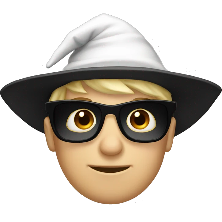 Caucasian boy with sunglasses wearing a black wizard hat emoji