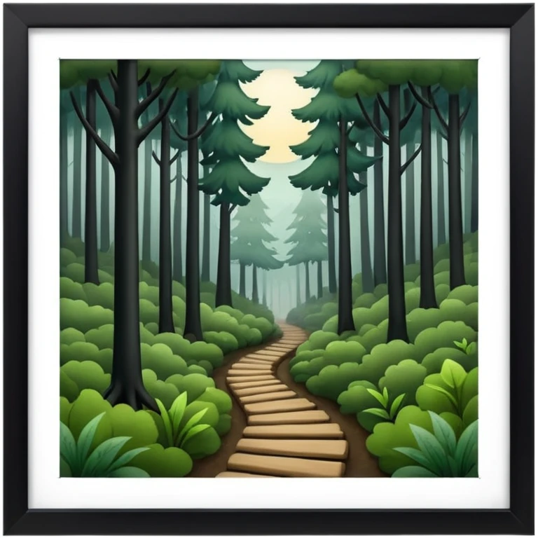 a forest with a path directing into foggy dark place emoji