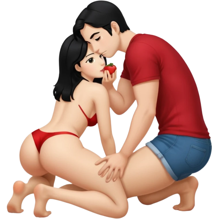 I want a female with black hair in doggystyle sex position with her head facing me and her ass facing away & then a guy behind her eating her ass emoji