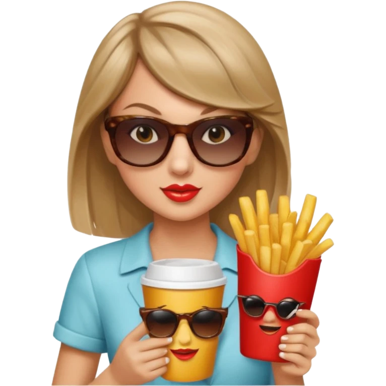 Taylor Swift, wearing sun glasses,  holding a cup of fries





































 emoji