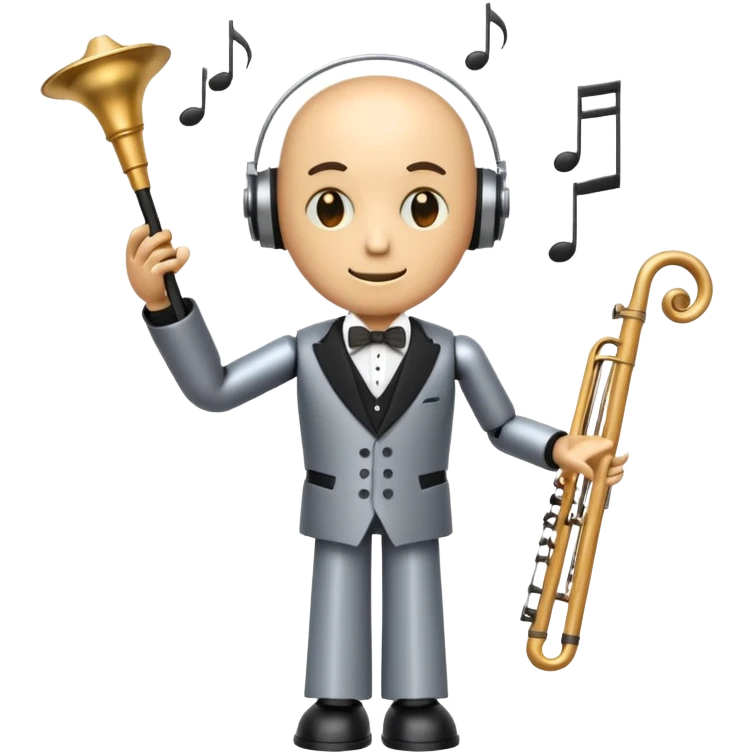 robot a sophisticated and elegant emoji that represents orchestration and arrangement. The design should feature a conductor’s baton, musical notes, and a symphonic score, symbolizing the process of arranging and orchestrating music. Incorporate instruments like a violin, trumpet, emoji