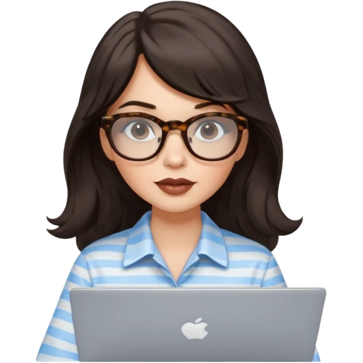 A white woman with long wavy dark brown hair and a whispy bang, wearing thick tortoise SQUARE glasses. She has long lashes and a nude browny glossy lipstick. She's wearing an oversize light blue shirt with white strips. She's working on a laptop emoji