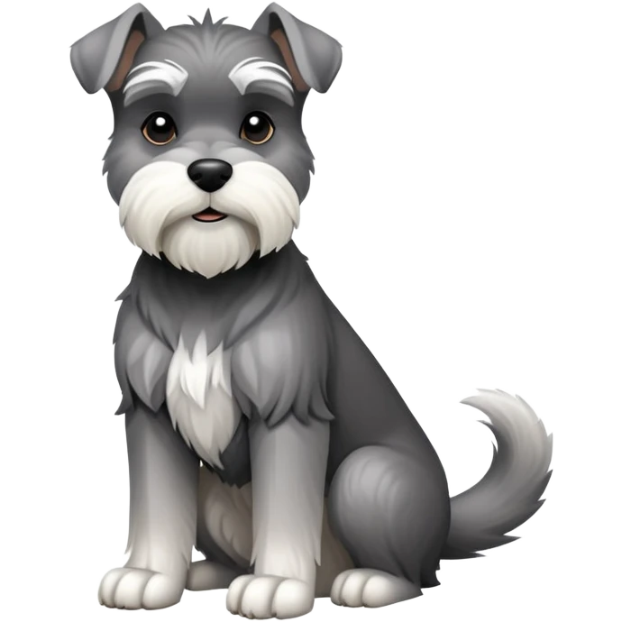 cinematic-[schnauzer]-realistic-full-body-sitting-emoji,-tail-resting-loosely-beside-its-paws,-head-tilted-dramatically, -sleek-[grey and white]-fur,-simplified-yet-realistic-focused-features,-highly-detailed,-glowing-with-an-almost-sarcastic-glow emoji