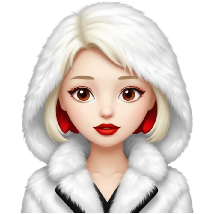 A beautiful, cute girl with red lipstick on her lips in a white fur coat,  in full view emoji