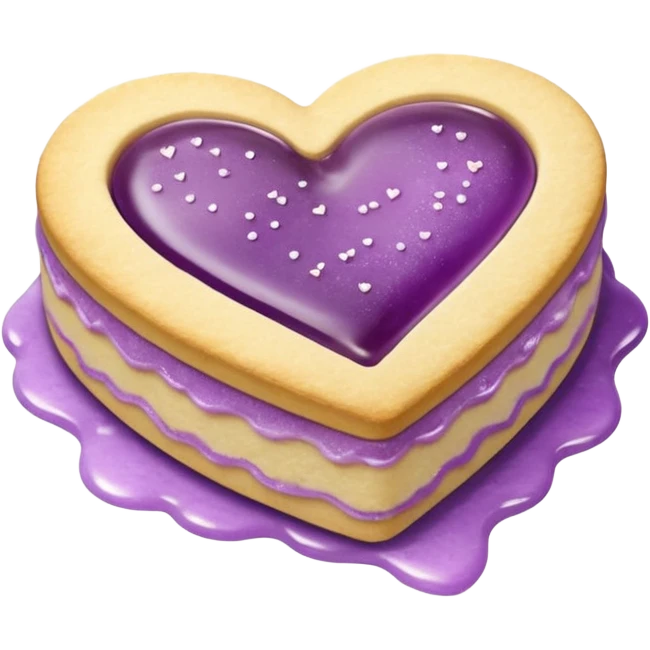 Realistic shortbread cookie in the shape of a heart with Pale Purple color jelly middle filling and sprinkled powder sugar on top. emoji