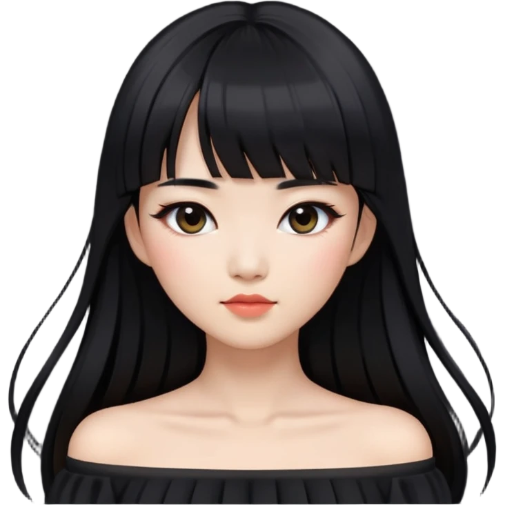 Asian woman with long black hair, straight bangs, black off-shoulder dress, and visible makeup emoji