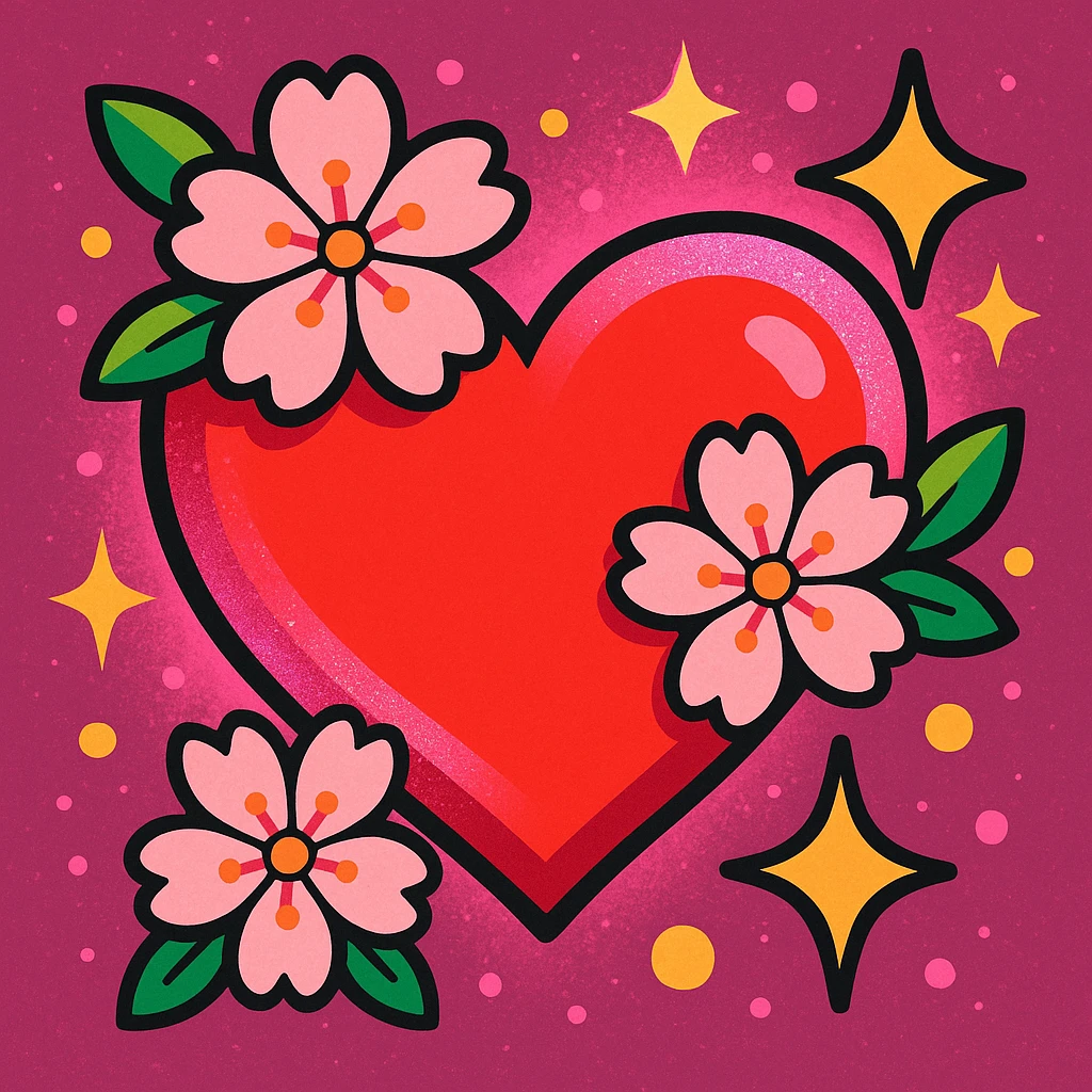heart with sakura flowers and pink shimmer, vibrant toon style emoji