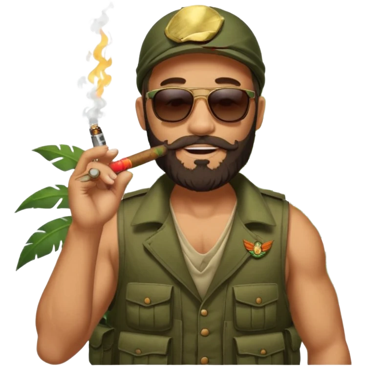 brauny vested sunglasses bearded jungle commando smoking a cigar with a grin emoji