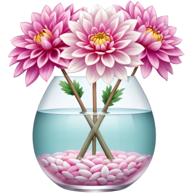 soft pastel realistic dahlia flowers in a clear vase with clear water emoji