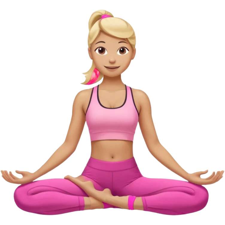 Mujer color de piel moreno claro con cabello rubio, usando un top rosa deportivo y leggins deportivo rosa en una pose de yoga, viendo hacia enfrente con ojos negros y sonriendo sin mostrar los dientes emoji