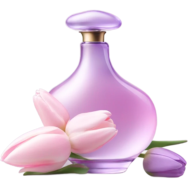 Aesthetic arrangement of pastel pink tulips and a retro violet perfume bottle.
 emoji