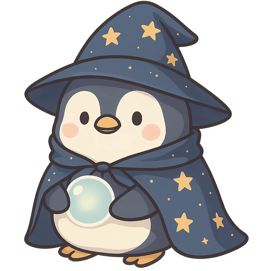 a chubby penguin in wizard attire, with a starry cloak and a glowing orb, looking wise and mystical emoji