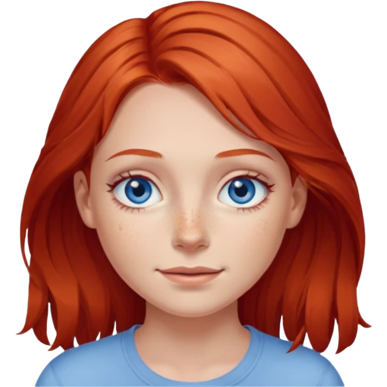 A girl with red hair and intense blue eyes. Delicate dark circles under her eyes give her a slightly tired look, and her smile belies any fatigue. emoji
