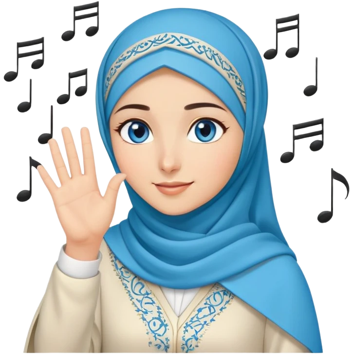 Turkish beautiful finish Konya girl blue eyes with music design hijab islamic dress and musically background and she wave one's hand emoji