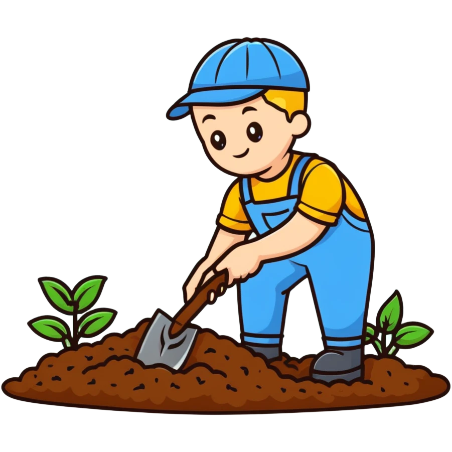 focused young white male gardener digging soil emoji