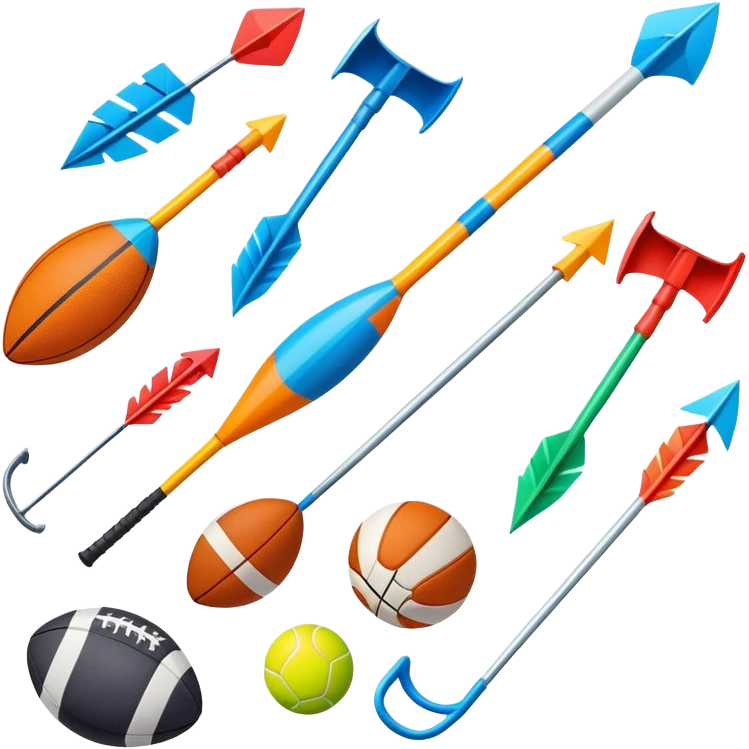 A collection of colorful sports equipment with dynamic growth arrows emoji