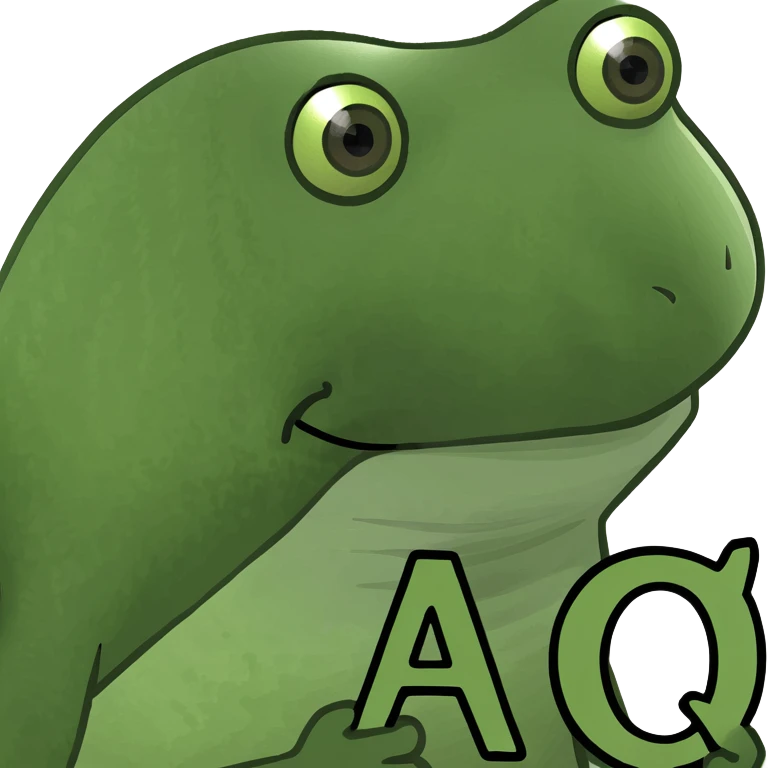 funny frog head emoji with large, centered, very obvious letters 'QA' inside the face emoji