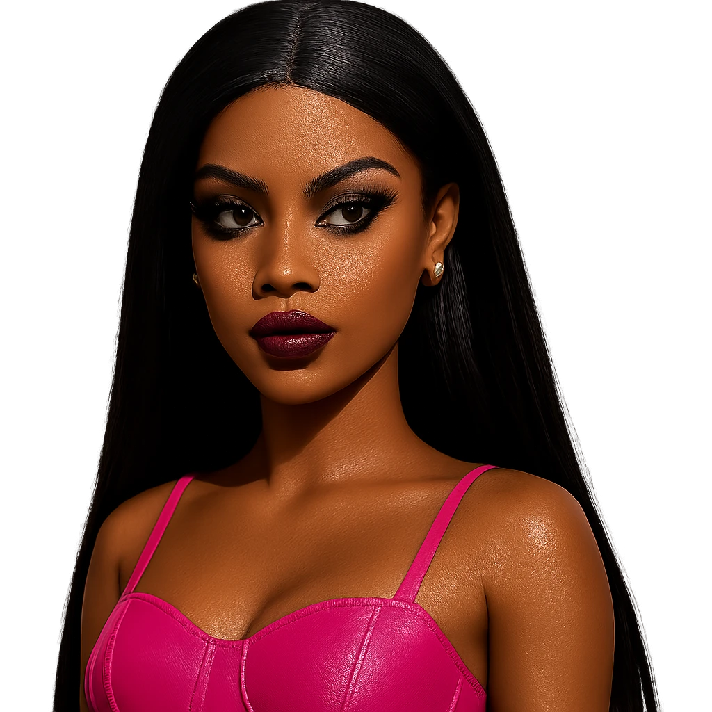 fashionable Barbie baddie, brown skin, straight black hair, dramatic makeup, dark brown eyes, gold stud earrings emoji