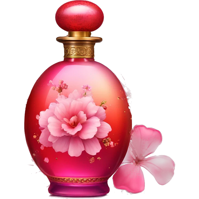 An antique perfume gradient red and pink bottle in oriental style, oil perfumes inside, sequins and flowers flying around emoji