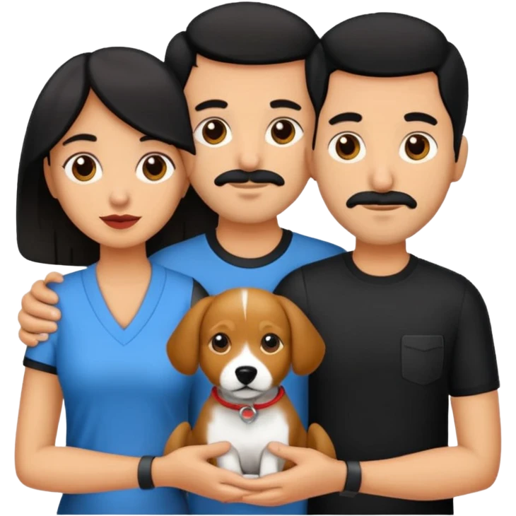 Pareja hombre y mujer, pelo negro ambos, y con dos perritos pincher en sus brazos emoji