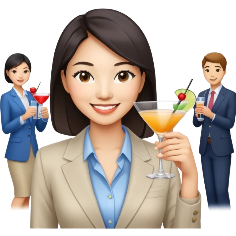 asian women business casual clothing, smiling, holding cocktail glass socializing at a work party emoji