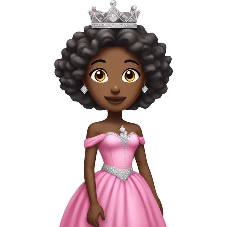Black princess with long curly brunette hair wearing pink dress with diamond crown emoji