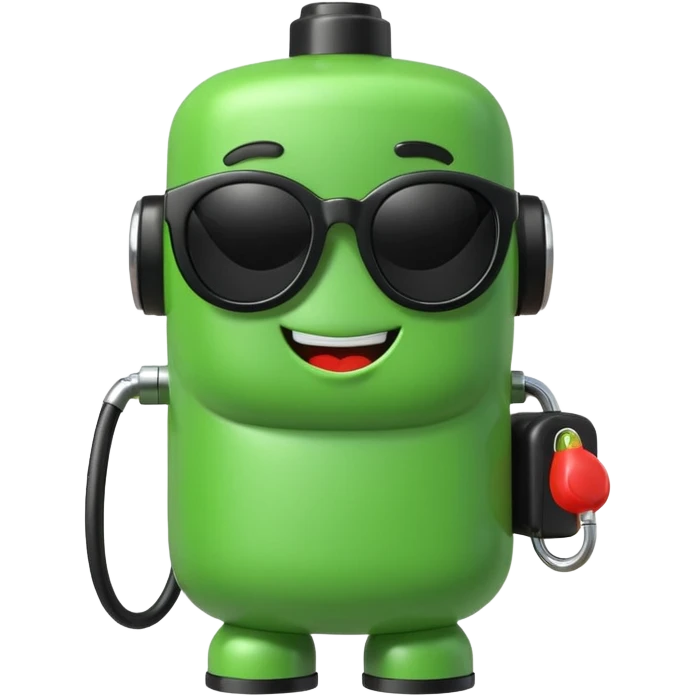 A cute 3D icon of a green gas pump character wearing oversized black sunglasses. Round and chubby proportions, glossy toy-like texture, soft pastel lighting, friendly expression, smooth edges, high-quality render, isolated on a transparent background. emoji