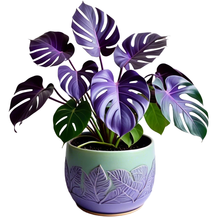 A stunning purple monstera plant with deep violet-green leaves, each leaf elegantly veined with subtle shades of purple, creating an ethereal glow. The plant is flourishing in a beautifully crafted lavender ceramic pot with intricate embossed floral patterns. The background features a softly blurred, moody violet gradient, enhancing the plant’s lush aesthetic. Delicate strands of ivy and tiny lavender blossoms cascade around the pot, adding depth and harmony. Soft, diffused lighting casts a gentle glow, emphasizing the plant’s unique coloration and creating a dreamy, artistic composition. emoji
