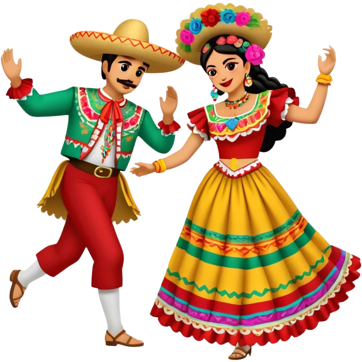 Cinematic Realistic scene of two performers dancing the Jarabe Tapatío, dressed in colorful traditional Mexican costumes with intricate embroidery, captured in energetic, festive motion with vibrant, celebratory lighting emoji
