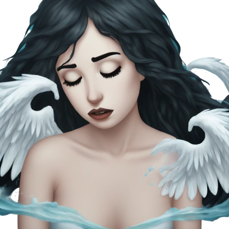 Whole picture With background In ocean Crying eyes water woman tearing eyes pale skin black hair on the floor magical woman with angel wings  emoji