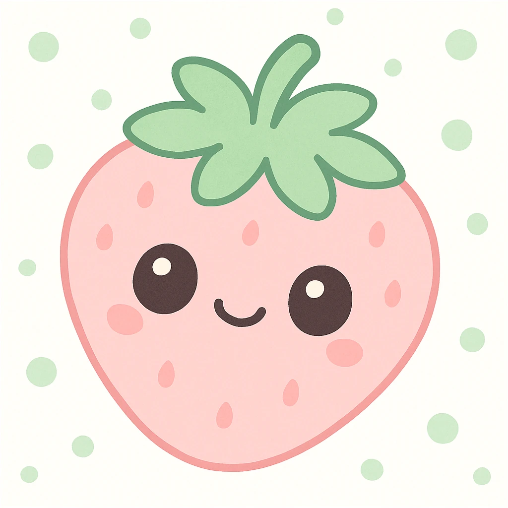 kawaii style happy strawberry with a cute face, soft pinks and greens, simple background emoji