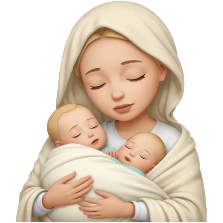 a parent cradling a sleeping baby, both faces peaceful, baby wrapped in a blanket, nurturing and warm feeling emoji
