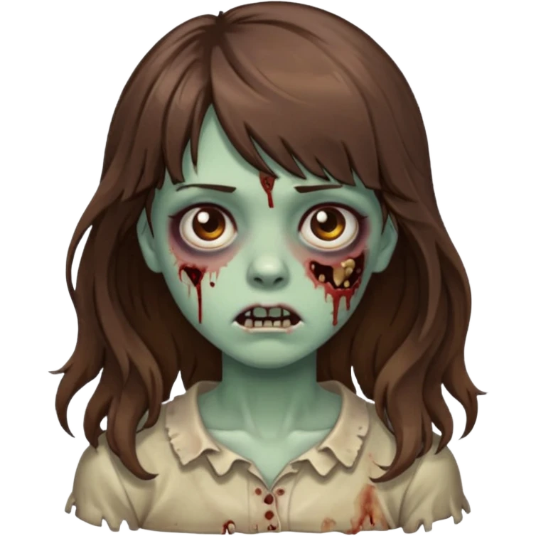 Uma menina zombie com um cabelo ondulado médio, com a franja pro lado esquerdo, o cabelo com cor castanho  emoji