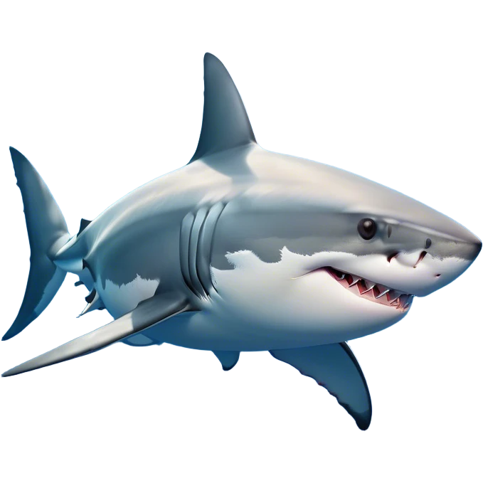 Beautiful and Majestic Great White Shark Portrait Emoji, Head and body resting peacefully with a serene, confident expression, showcasing its robust, torpedo-shaped form and a subtle, regal glint in its eyes, Simplified yet exquisitely endearing features, highly detailed, glowing with a soft, drowsy ocean light, high shine, relaxed and utterly majestic, stylized with an air of marine splendor, soft glowing outline, capturing the essence of a beautiful and majestic great white shark that feels destined to become the next viral icon of awe-inspiring ocean beauty! emoji
