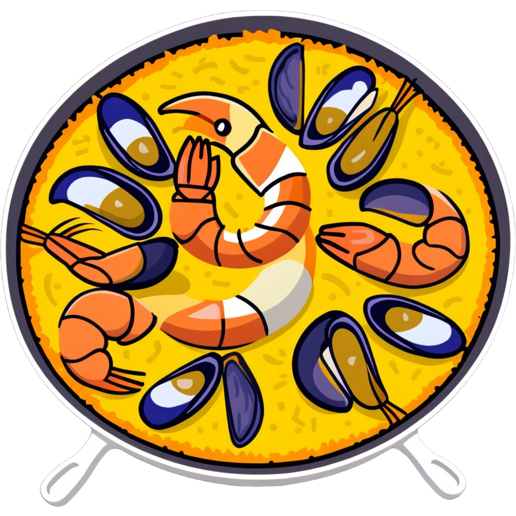 delicious seafood paella with prawns, mussels, and yellow rice in a traditional paella pan emoji