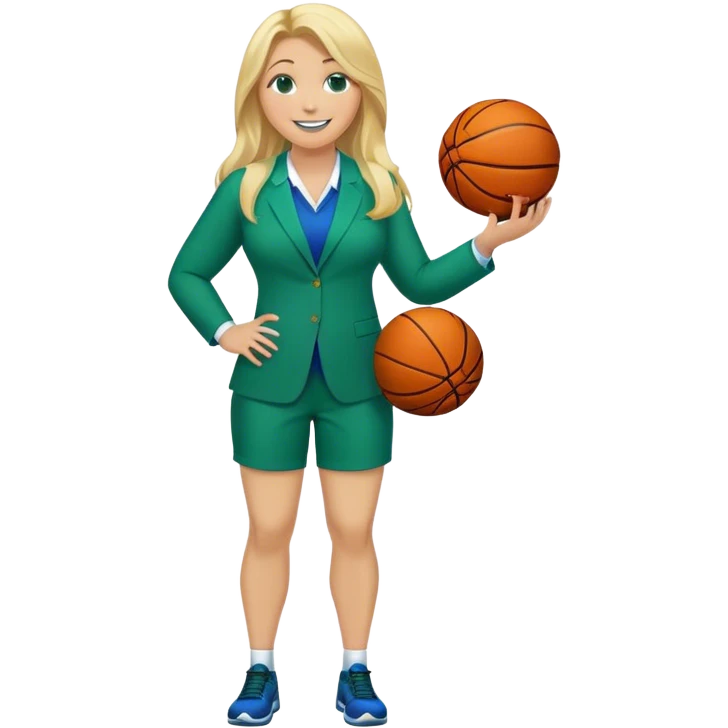 Full Body white plus size female with big nose basketball head coach using a clipboard with long blonde hair in a blue and green suit smiling with basketball and clipboard emoji