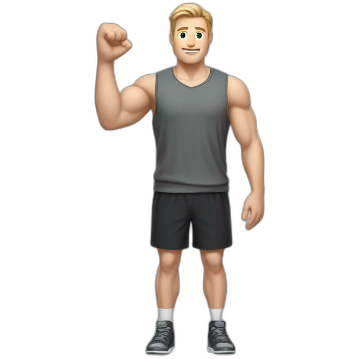 Full height Actively gesturing with hands Pale skinned Fit Man With the biceps and light brown hair with Bristle in dark gray Sleeveless Mike, black oversize sports shorts and white Sneakers emoji