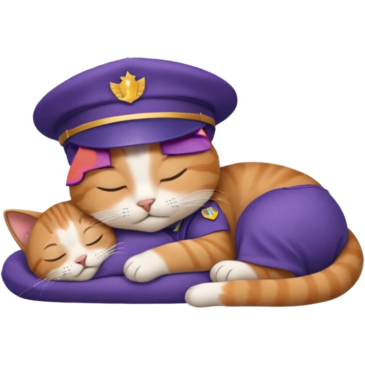 emoji of sleeping cat, its pose is lying, it has on his head FedEx uniform cap emoji