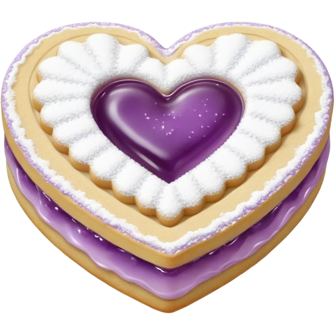 Realistic shortbread cookie in the shape of a heart with Pale Purple color jelly middle filling and sprinkled powder sugar on top. emoji