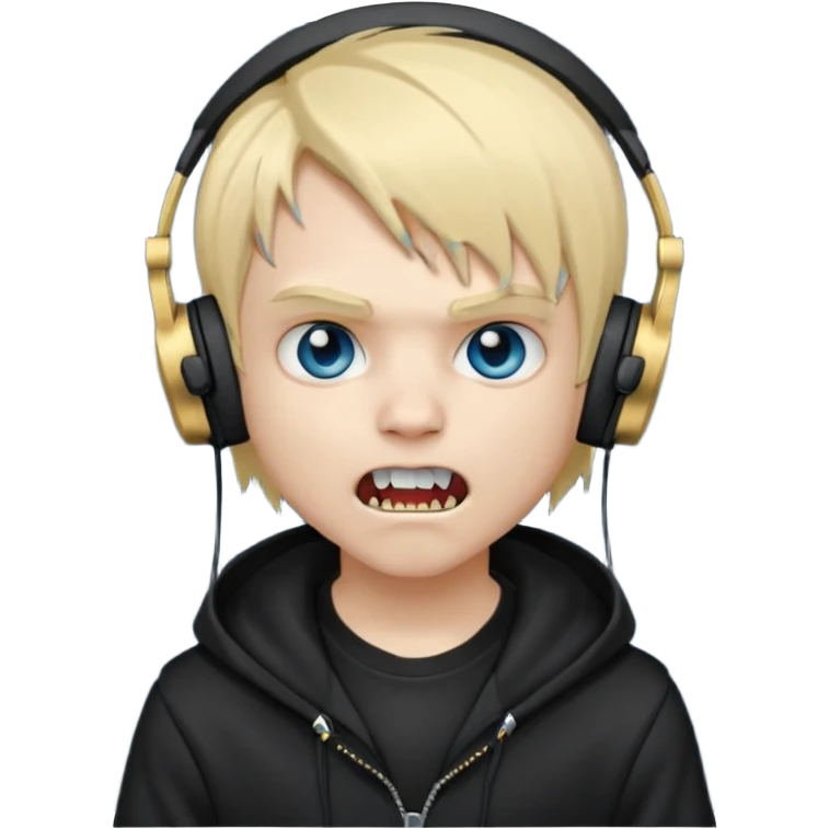 boy vampire whit blonde emo hair and eyes blue and grey skin and heandphones black AND A MICROFONE AND GOLD TEETH and agesive face and the hoodie black  emoji