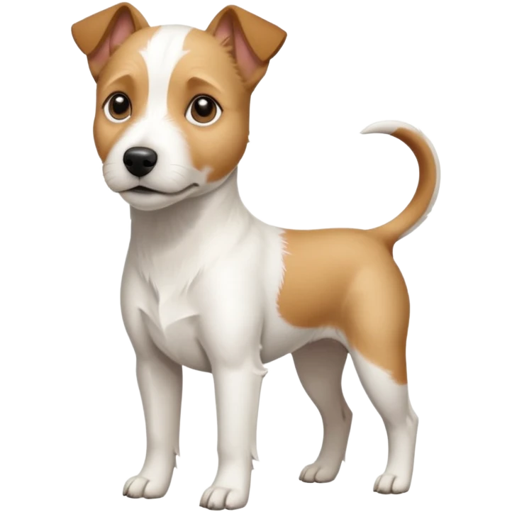 a full body slightly chubby white parson russell terrier looking dog the size of a kelpie with light brown long ears and a light brown patch on one eye and a large snout. the rest of the dog is completely white. forward facing emoji