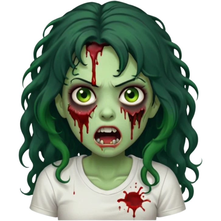 a zombie with long curly black hair volumoso, brown eyes, a white t-shirt and a splash of blood on her t-shirt, mouth open like a zombie, green skin color, not much expression, no drawing on shirt, no hands showing, less blood on her face, less blood, black hair and black eyes emoji