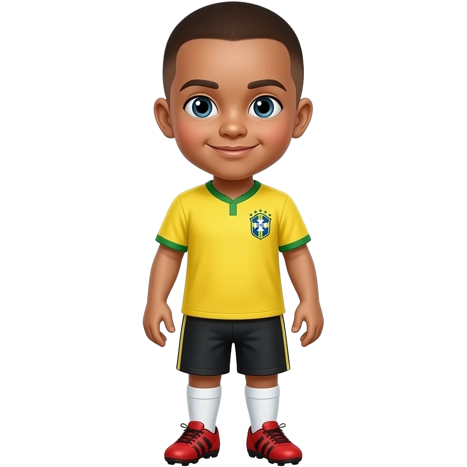 A WHITE  MINI LITTLE BOY WITH YELLOW BRAZIL JERSEY NO NUMBER   , PLAIN BLACK SHORTS  , WHITE SOCKS AND RED CLEATS MAKE HIM HAVE A BUZZ CUT emoji