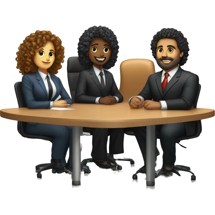 work meeting table 3 men and 4 women sitting on a table wearing suits the women have curly hair and one of the men is fat with a beard and of them is tanned with curly hair emoji
