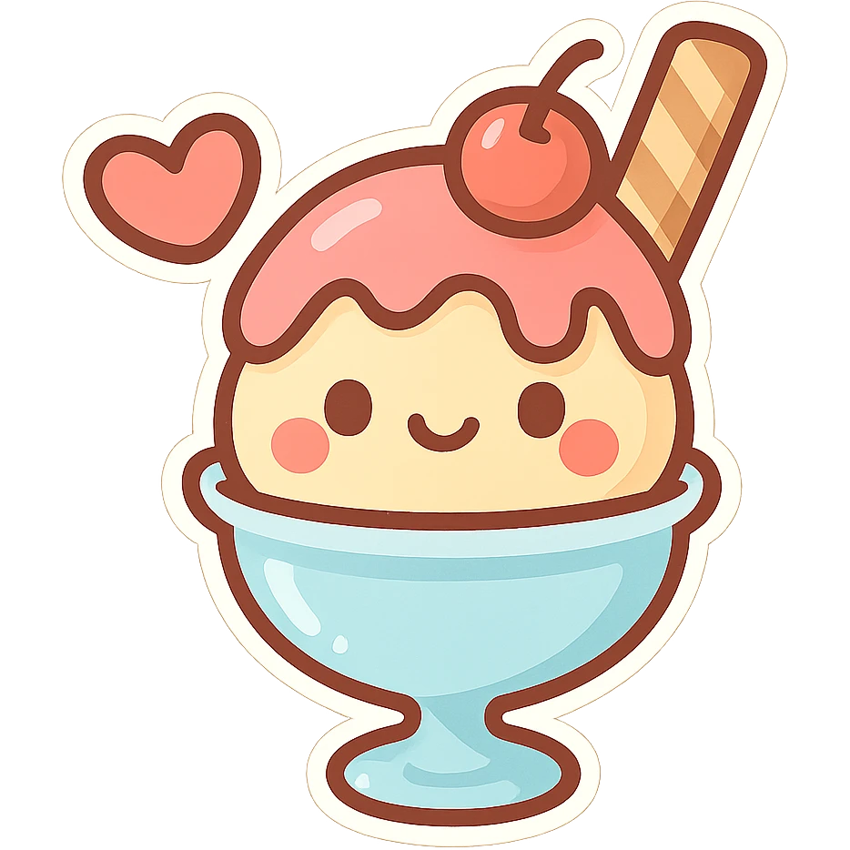 chibi sticker-style ice cream sundae with a heart accent, cute and exaggerated emoji