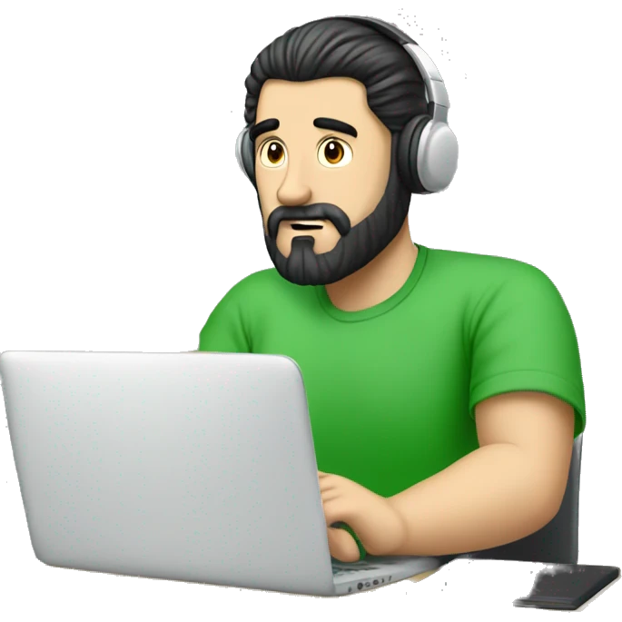 white guy with black hair thin face with beard typing in laptop wearing green t-shirt working in call center emoji