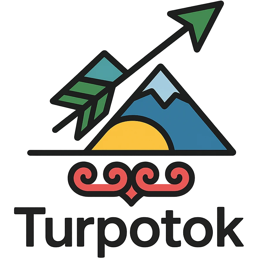 Colorful minimalist logo for Turpotok with a Kurai arrow, Ural Mountains, and Bashkir ornamentation. Text 'Turpotok' in a modern sans-serif font emoji