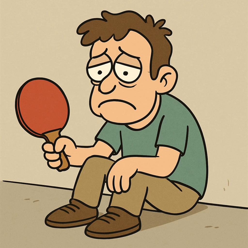 sad cartoon face, sitting alone, holding a ping pong paddle, lonely, simple cartoon style emoji