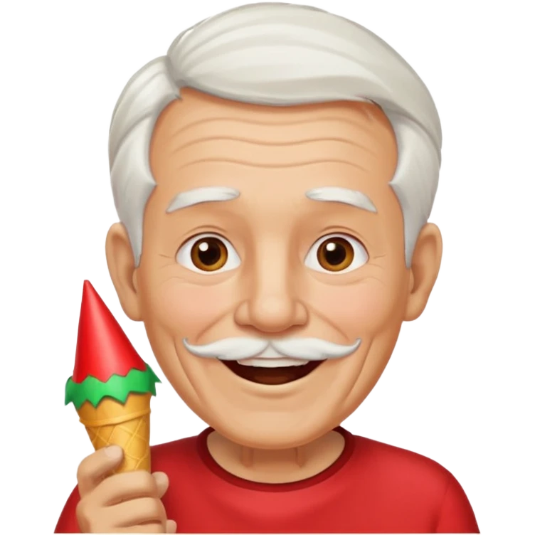 old man with red shirt and birthday cone, party horn on his mouth emoji